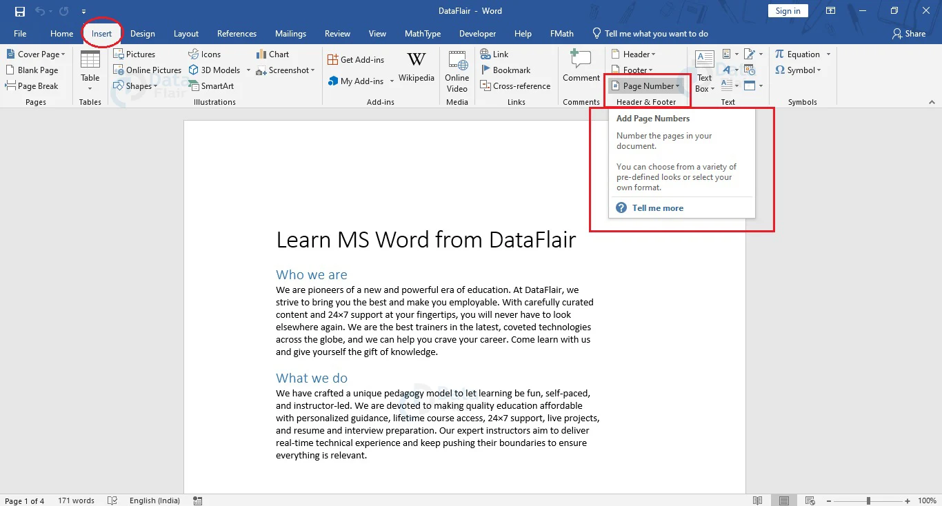 How to add Page Numbers in Word? DataFlair